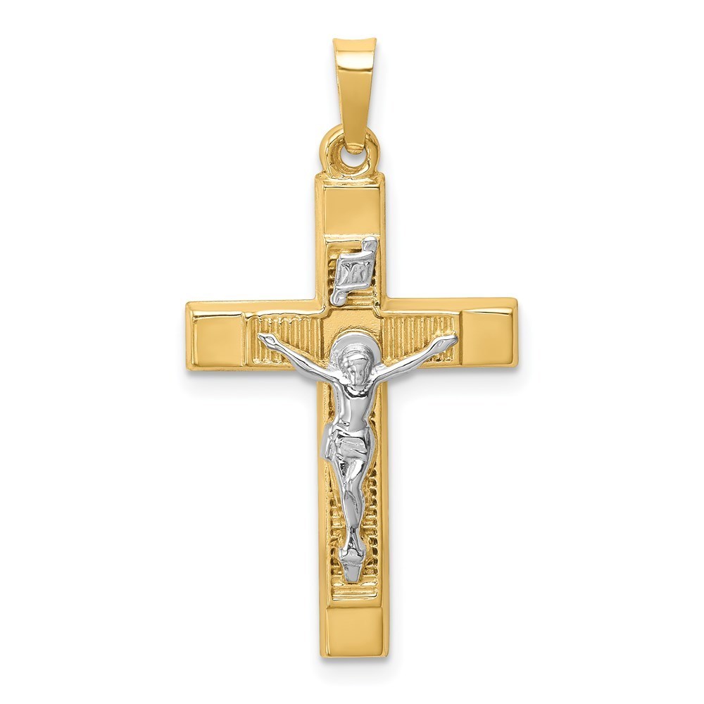 Million Charms 14k Gold Two-Tone Hollow Polished Textured Latin Crucifix